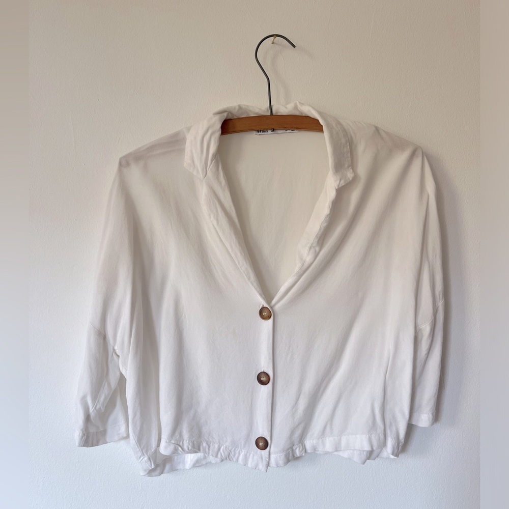 Mango white collared top with tortoise shell buttons - S -